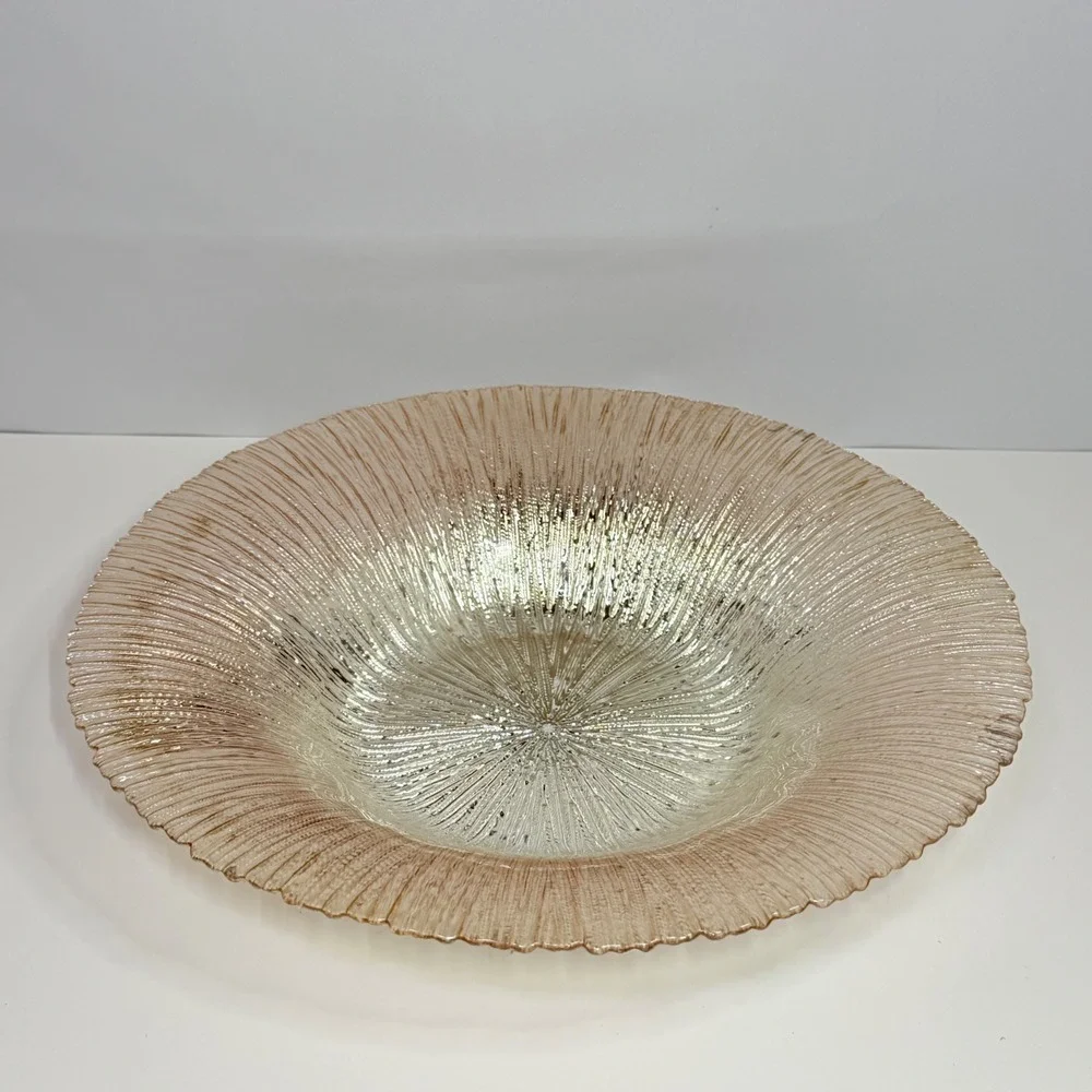Champagne Pink Foil Art Textured Glass Centerpiece Bowl Ribbed 12 Inch Round